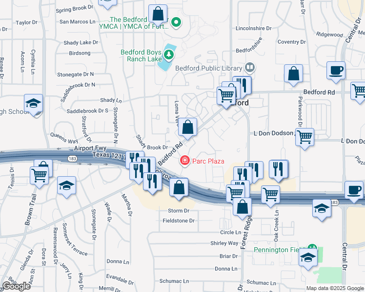 map of restaurants, bars, coffee shops, grocery stores, and more near 1316 Bedford Road in Bedford
