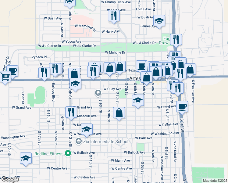 map of restaurants, bars, coffee shops, grocery stores, and more near 805 West Quay Avenue in Artesia