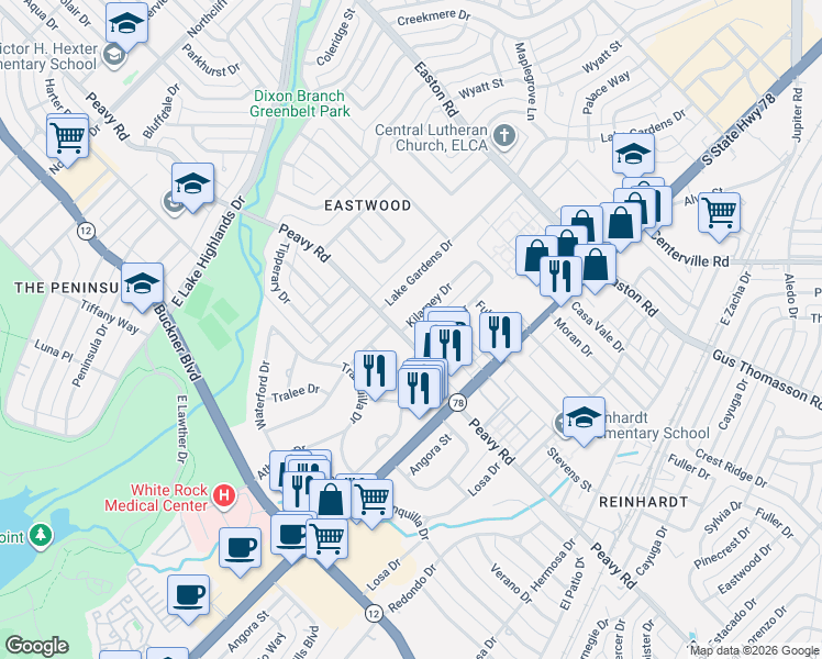 map of restaurants, bars, coffee shops, grocery stores, and more near 1104 Peavy Road in Dallas