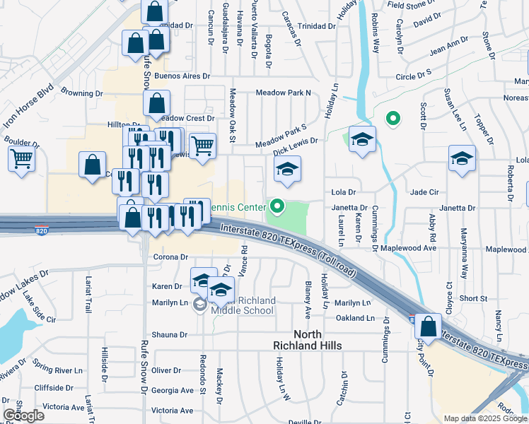 map of restaurants, bars, coffee shops, grocery stores, and more near 4 Reynolds Road in North Richland Hills