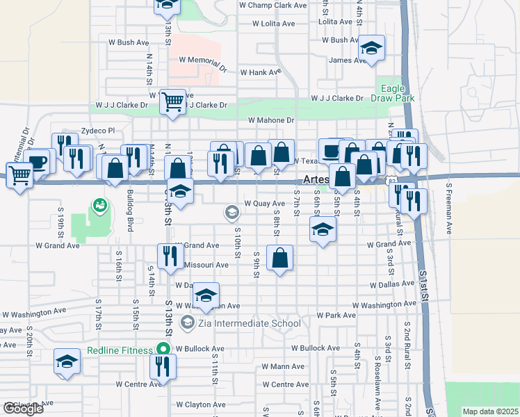 map of restaurants, bars, coffee shops, grocery stores, and more near 811 West Quay Avenue in Artesia