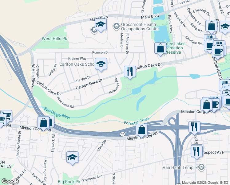 map of restaurants, bars, coffee shops, grocery stores, and more near 9219 Inverness Road in Santee