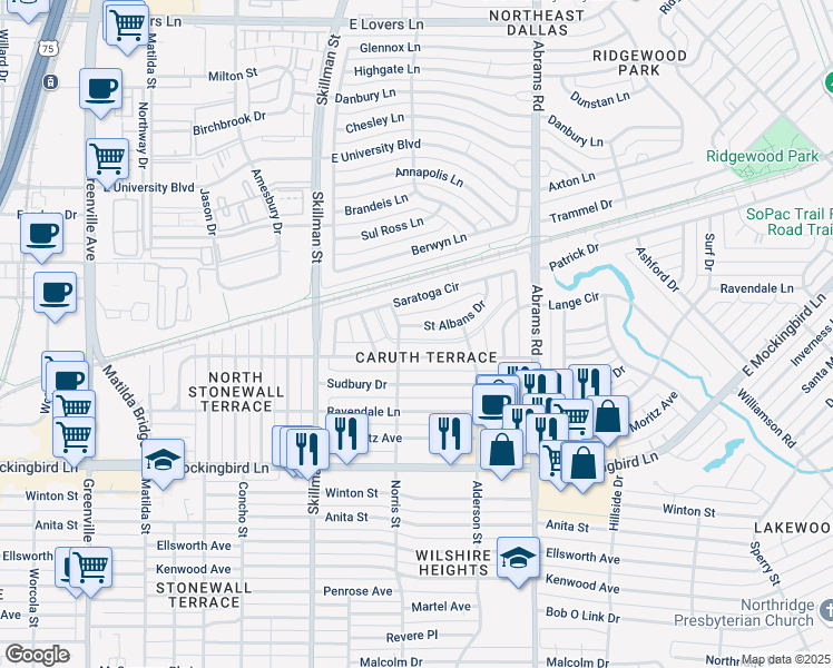 map of restaurants, bars, coffee shops, grocery stores, and more near 6216 Saint Albans Drive in Dallas