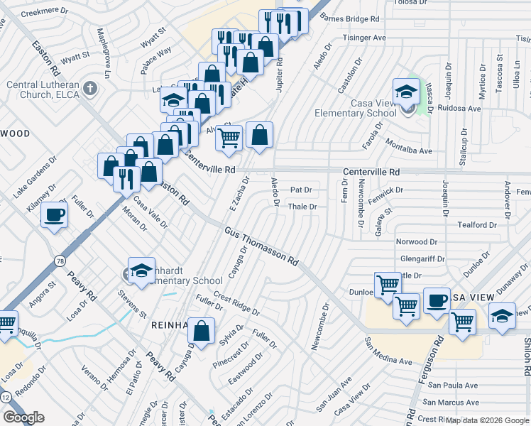 map of restaurants, bars, coffee shops, grocery stores, and more near 10644 Cayuga Drive in Dallas