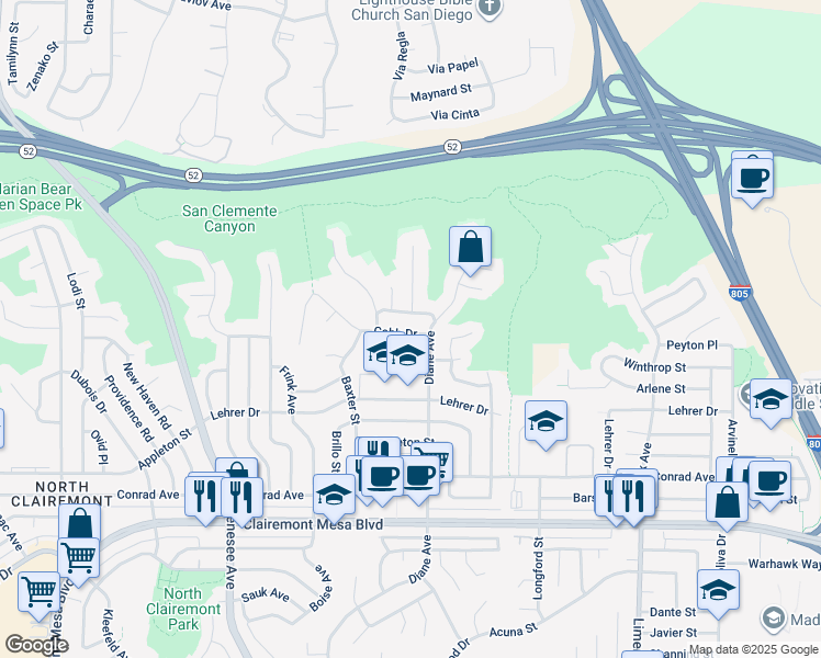 map of restaurants, bars, coffee shops, grocery stores, and more near 4810 Cobb Drive in San Diego