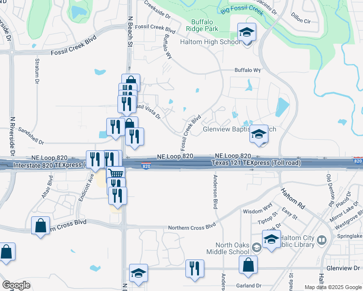 map of restaurants, bars, coffee shops, grocery stores, and more near 5335 Fossil Creek Boulevard in Haltom City