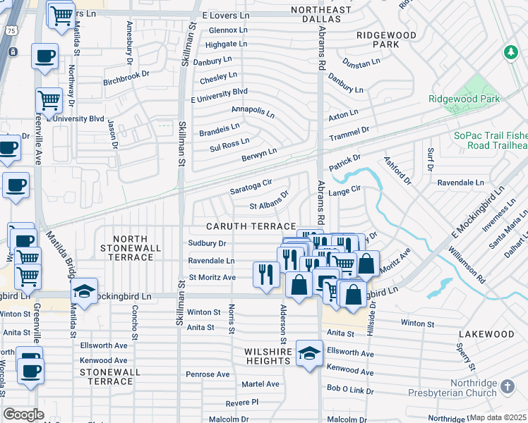 map of restaurants, bars, coffee shops, grocery stores, and more near 6250 Saint Albans Drive in Dallas