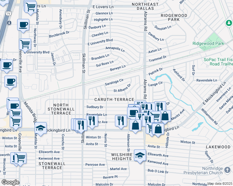map of restaurants, bars, coffee shops, grocery stores, and more near 6216 Saint Albans Drive in Dallas