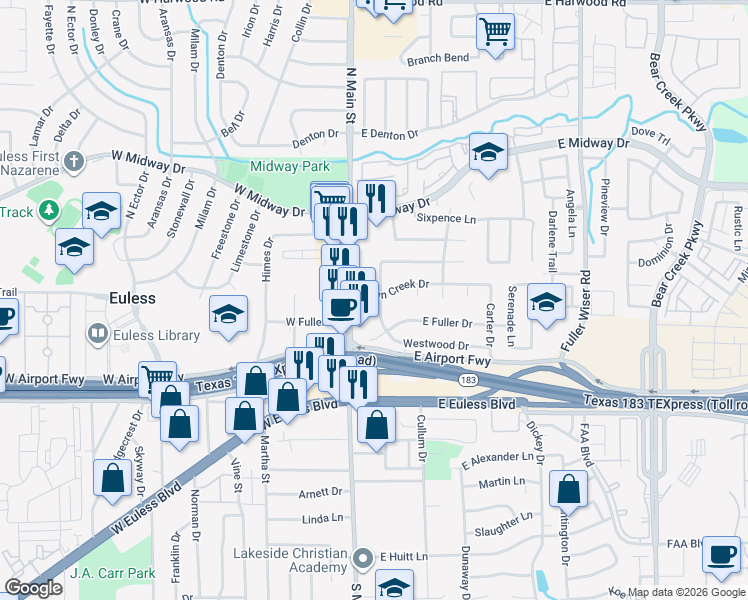 map of restaurants, bars, coffee shops, grocery stores, and more near 110 Town Creek Drive in Euless