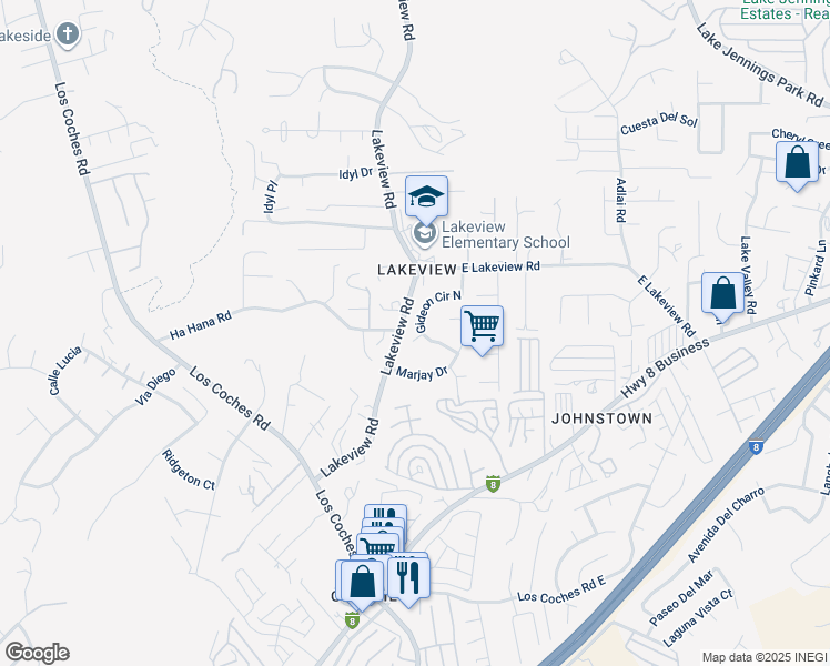 map of restaurants, bars, coffee shops, grocery stores, and more near 13382 Gideon Court in Lakeside