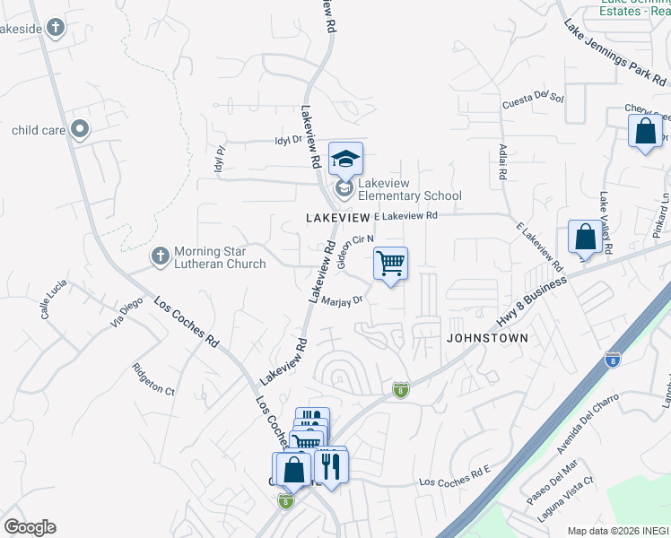 map of restaurants, bars, coffee shops, grocery stores, and more near 13382 Gideon Court in Lakeside