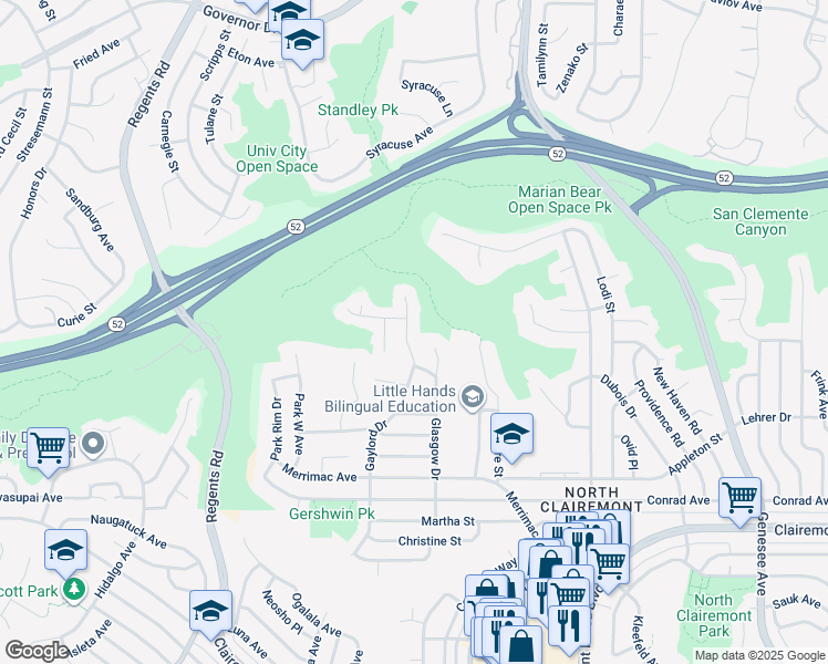 map of restaurants, bars, coffee shops, grocery stores, and more near 5245 Gaylord Drive in San Diego