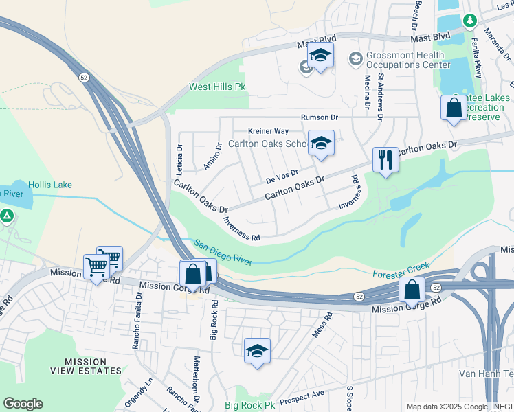 map of restaurants, bars, coffee shops, grocery stores, and more near 8439 Carlton Oaks Drive in Santee