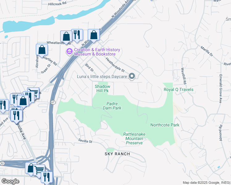map of restaurants, bars, coffee shops, grocery stores, and more near 9124 Shadow Hill Road in Santee