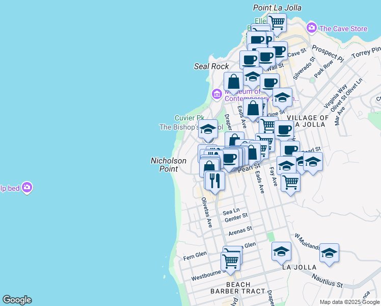 map of restaurants, bars, coffee shops, grocery stores, and more near 320 Scripps Lane in San Diego