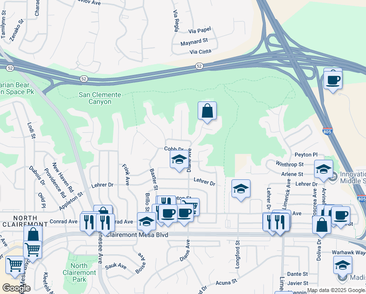 map of restaurants, bars, coffee shops, grocery stores, and more near 4820 Cobb Drive in San Diego