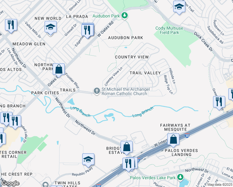 map of restaurants, bars, coffee shops, grocery stores, and more near 805 Pebble Beach Drive in Garland