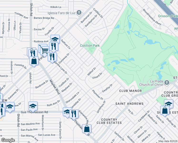 map of restaurants, bars, coffee shops, grocery stores, and more near 11035 Milhof Drive in Dallas
