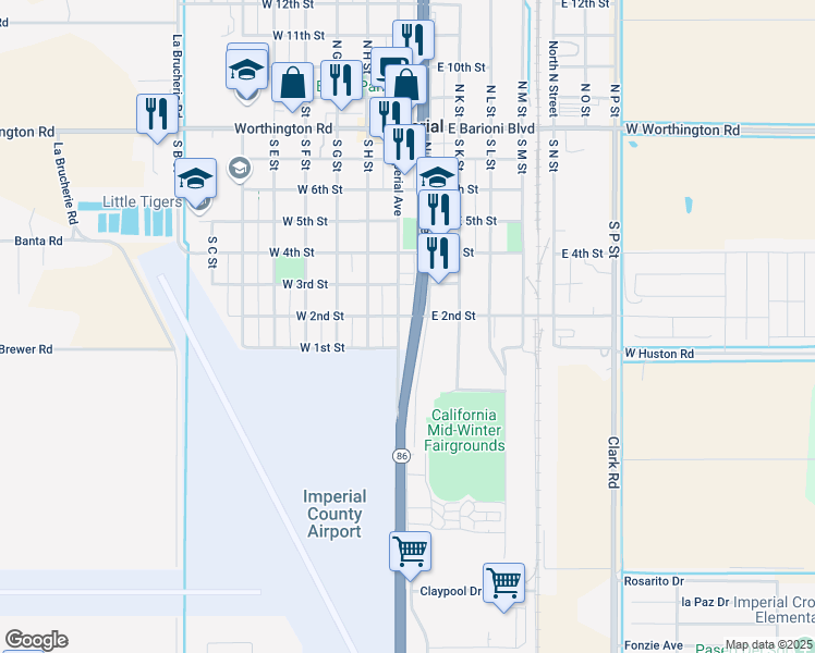 map of restaurants, bars, coffee shops, grocery stores, and more near North Imperial Avenue in Imperial
