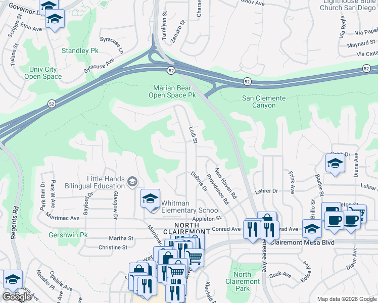 map of restaurants, bars, coffee shops, grocery stores, and more near 5268 Lodi Street in San Diego