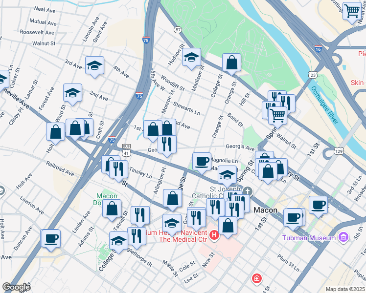 map of restaurants, bars, coffee shops, grocery stores, and more near 1295 Georgia Avenue in Macon
