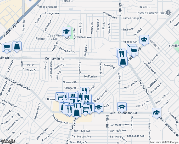 map of restaurants, bars, coffee shops, grocery stores, and more near 2322 Winthrop Drive in Dallas