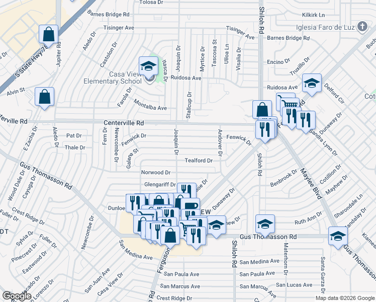 map of restaurants, bars, coffee shops, grocery stores, and more near 2322 Winthrop Drive in Dallas