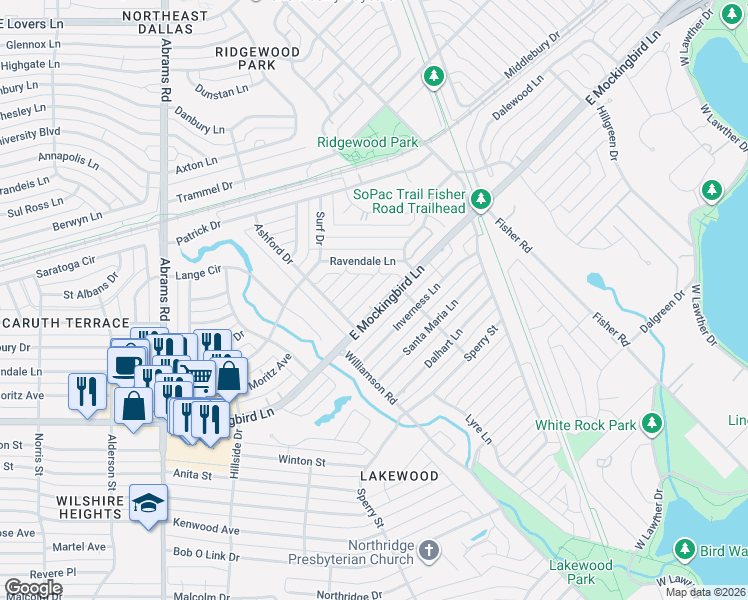 map of restaurants, bars, coffee shops, grocery stores, and more near 6767 East Mockingbird Lane in Dallas