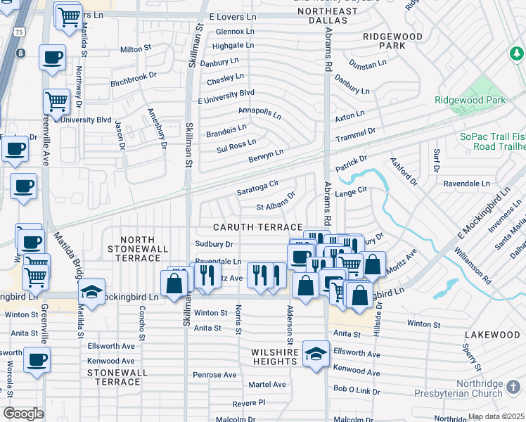 map of restaurants, bars, coffee shops, grocery stores, and more near 6216 Saint Albans Drive in Dallas