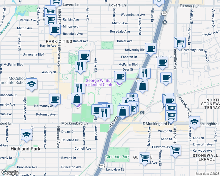 map of restaurants, bars, coffee shops, grocery stores, and more near 3413 Binkley Avenue in Dallas