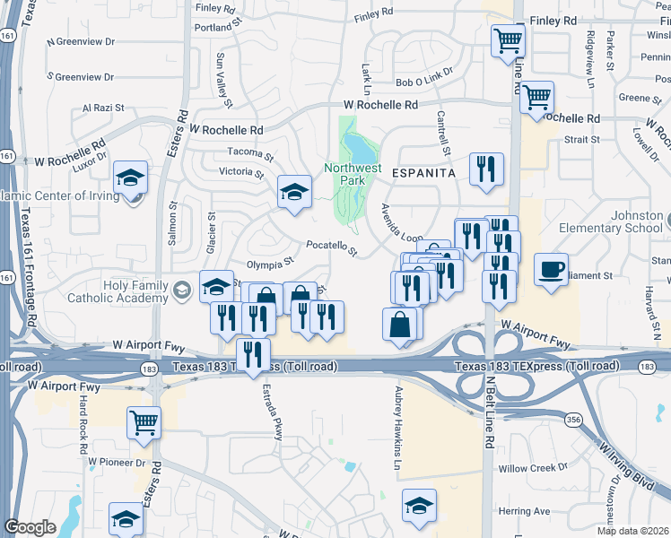map of restaurants, bars, coffee shops, grocery stores, and more near 3720 Pocatello Street in Irving