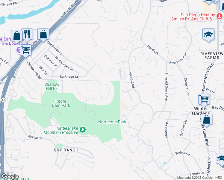 map of restaurants, bars, coffee shops, grocery stores, and more near 8933 Diamondback Drive in Santee