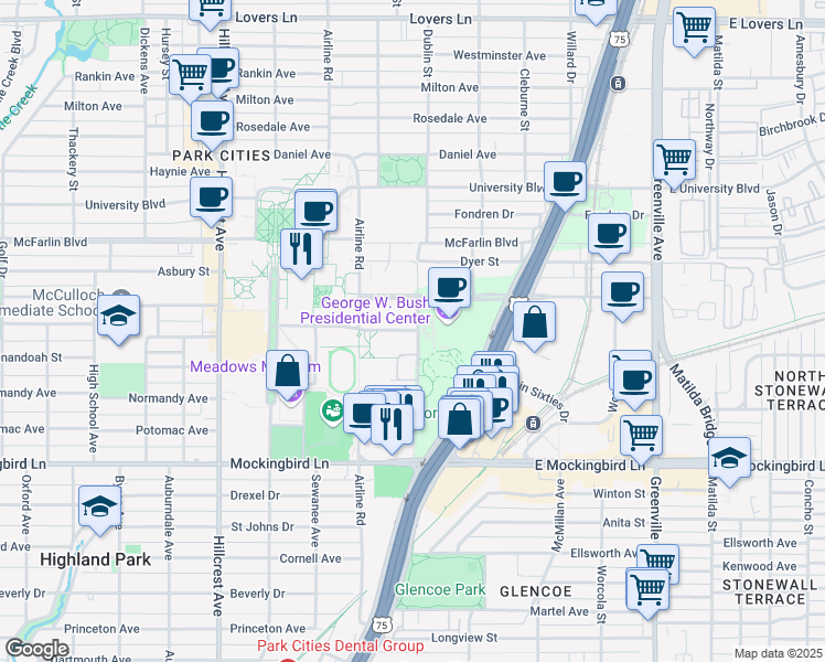 map of restaurants, bars, coffee shops, grocery stores, and more near in Dallas