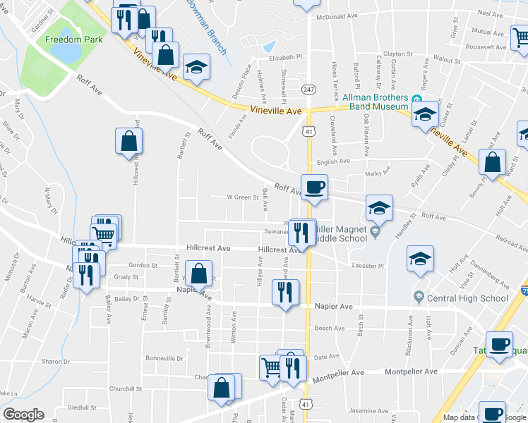 map of restaurants, bars, coffee shops, grocery stores, and more near 663 Bell Avenue in Macon
