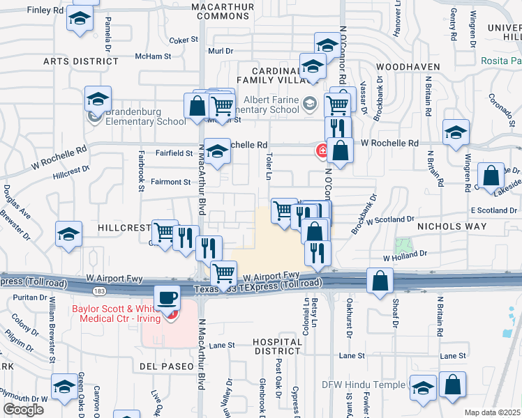 map of restaurants, bars, coffee shops, grocery stores, and more near 2501 Toler Lane in Irving