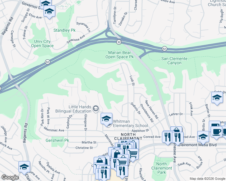 map of restaurants, bars, coffee shops, grocery stores, and more near 4143 Cole Way in San Diego