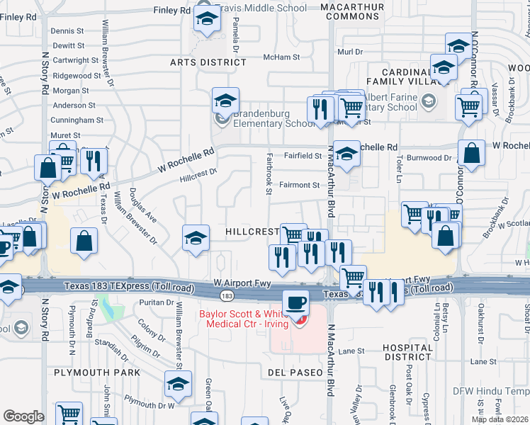map of restaurants, bars, coffee shops, grocery stores, and more near 2517 Fairbrook Street in Irving