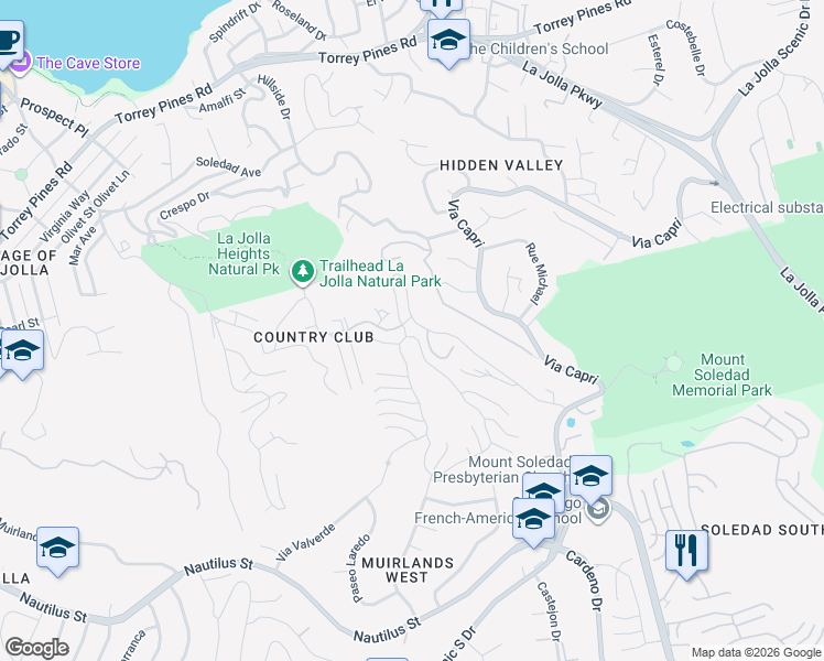 map of restaurants, bars, coffee shops, grocery stores, and more near 7349 Caminito Cruzada in San Diego