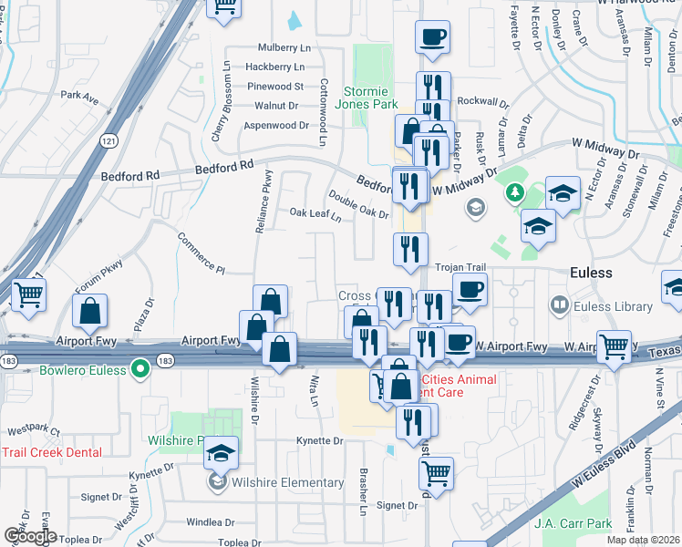 map of restaurants, bars, coffee shops, grocery stores, and more near 1948 Stonecourt Drive in Bedford