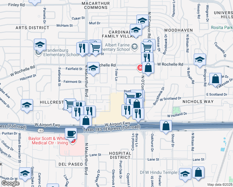 map of restaurants, bars, coffee shops, grocery stores, and more near 2501 Toler Lane in Irving