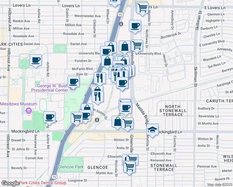 map of restaurants, bars, coffee shops, grocery stores, and more near 5606 SMU Boulevard in Dallas
