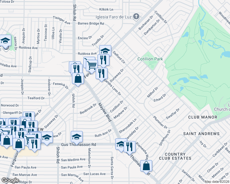 map of restaurants, bars, coffee shops, grocery stores, and more near 10437 Sandra Lynn Drive in Dallas