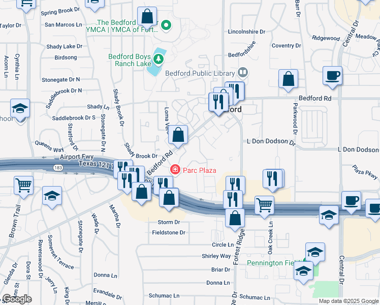 map of restaurants, bars, coffee shops, grocery stores, and more near 1408 Sierra Springs Drive in Bedford
