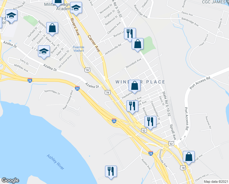 map of restaurants, bars, coffee shops, grocery stores, and more near 2522 Meeting Street in North Charleston