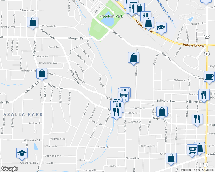 map of restaurants, bars, coffee shops, grocery stores, and more near 3167 Mary Drive in Macon
