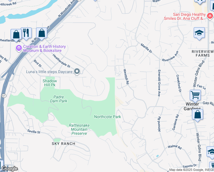 map of restaurants, bars, coffee shops, grocery stores, and more near 8933 Diamondback Drive in Santee