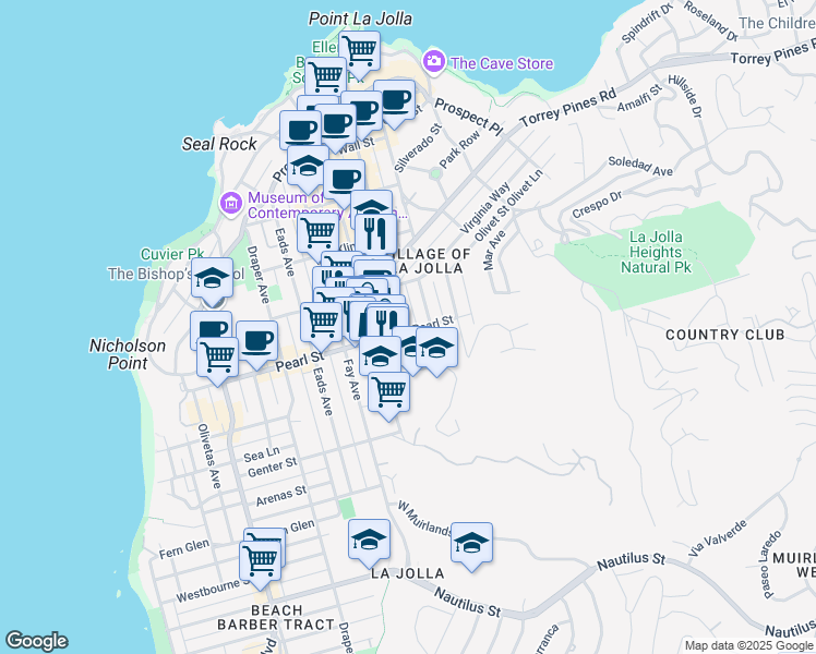 map of restaurants, bars, coffee shops, grocery stores, and more near 1104 Pearl Street in San Diego