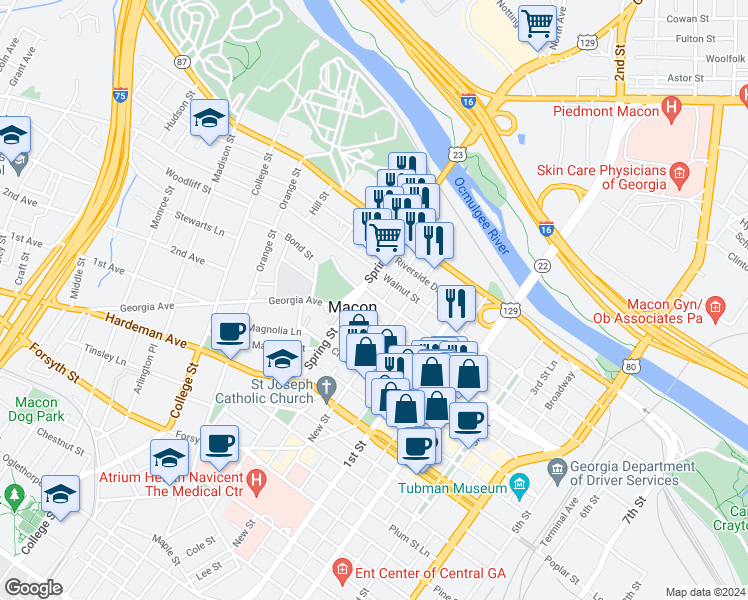 map of restaurants, bars, coffee shops, grocery stores, and more near 870 Walnut Street Lane in Macon