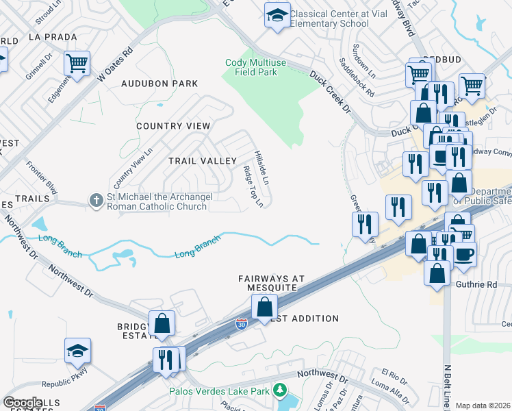 map of restaurants, bars, coffee shops, grocery stores, and more near 6115 Ridge Top Lane in Garland