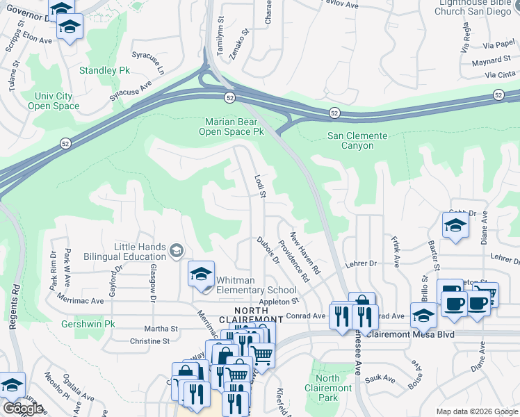 map of restaurants, bars, coffee shops, grocery stores, and more near 5268 Lodi Street in San Diego